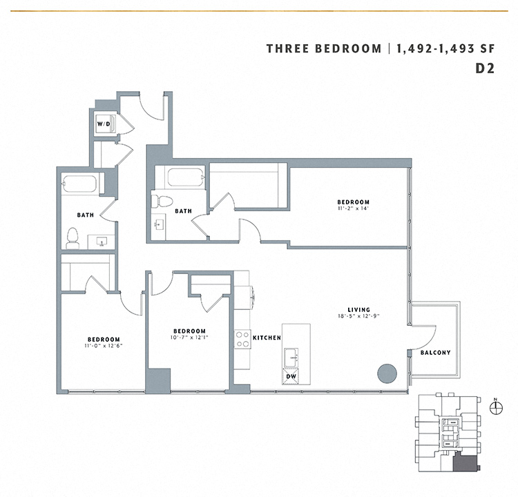 Floor plan for 3 beds, 2 baths, 1492 sqft